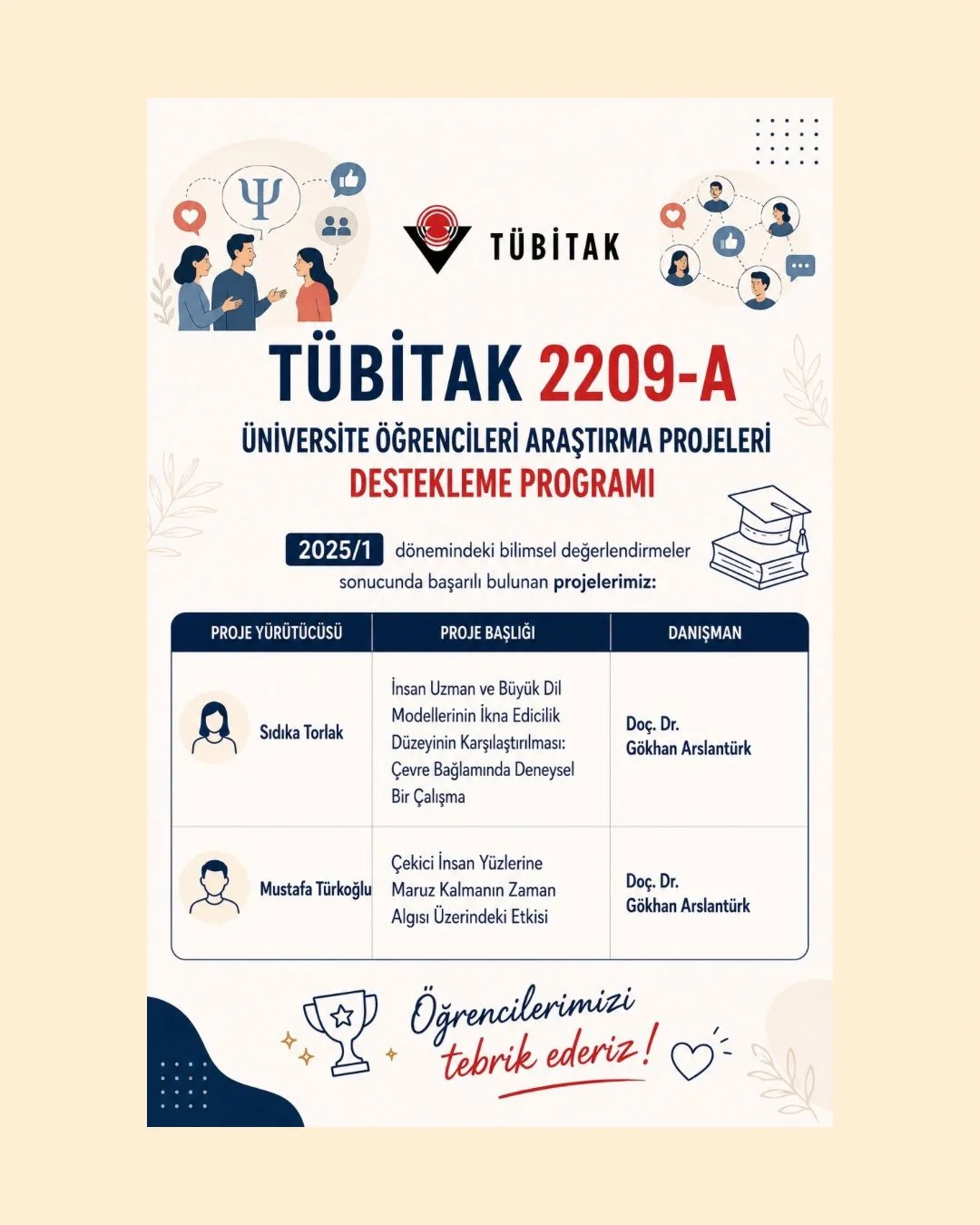 2209-A Üniversite Öğrencileri Bilimsel Araştırma Projeleri 2025/1 döneminde desteklenmeye hak kazanan projelerimiz